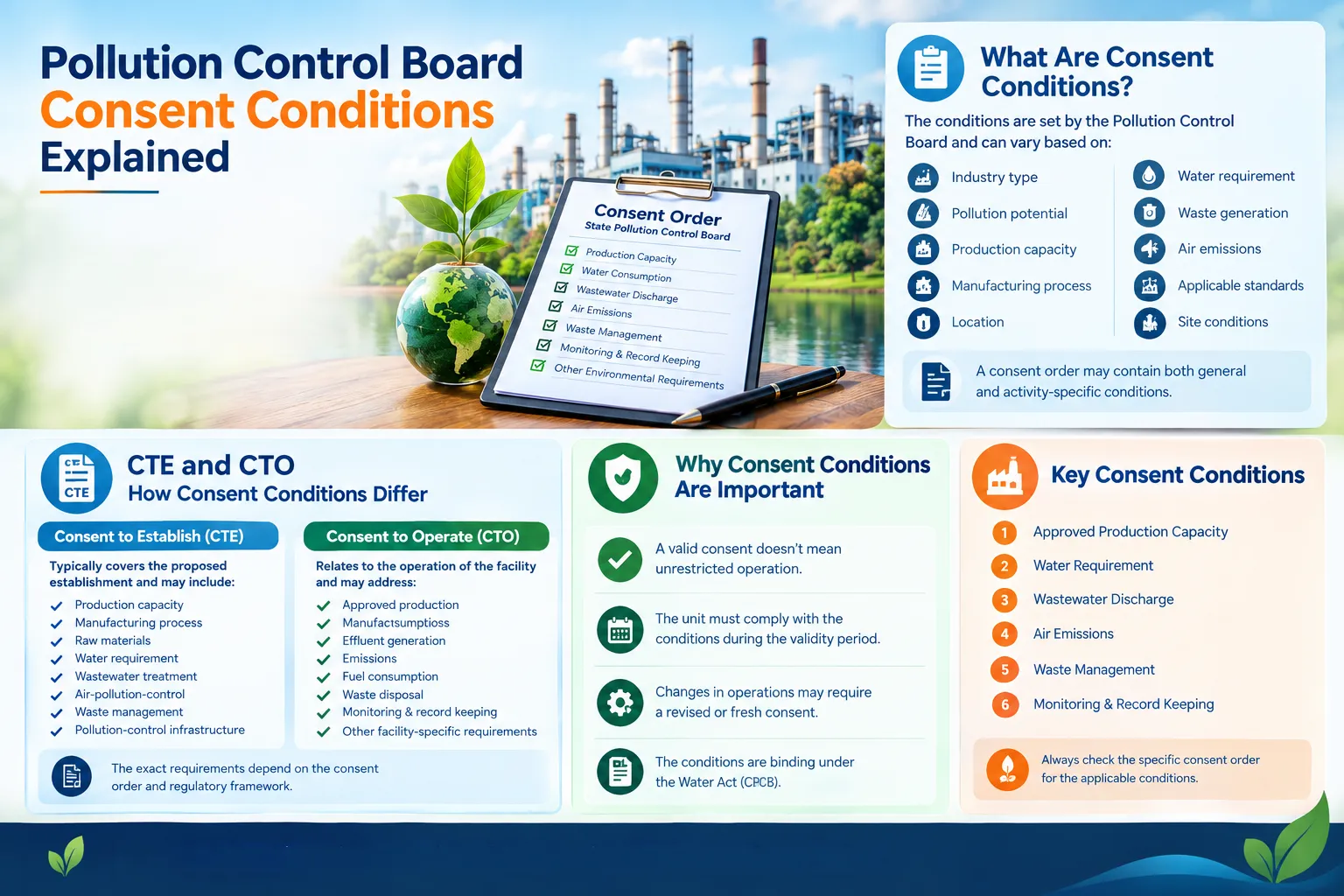 Pollution Control Board consent conditions for CTE and CTO compliance in India